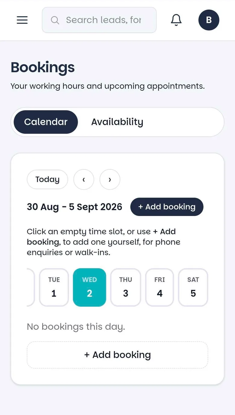 Bookings calendar on mobile